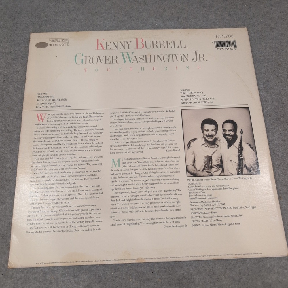 Kenny Burrell Grover Washington Jr Togethering Vinyl LP Blue Note BT 85106 1985 - Picture 3 of 7